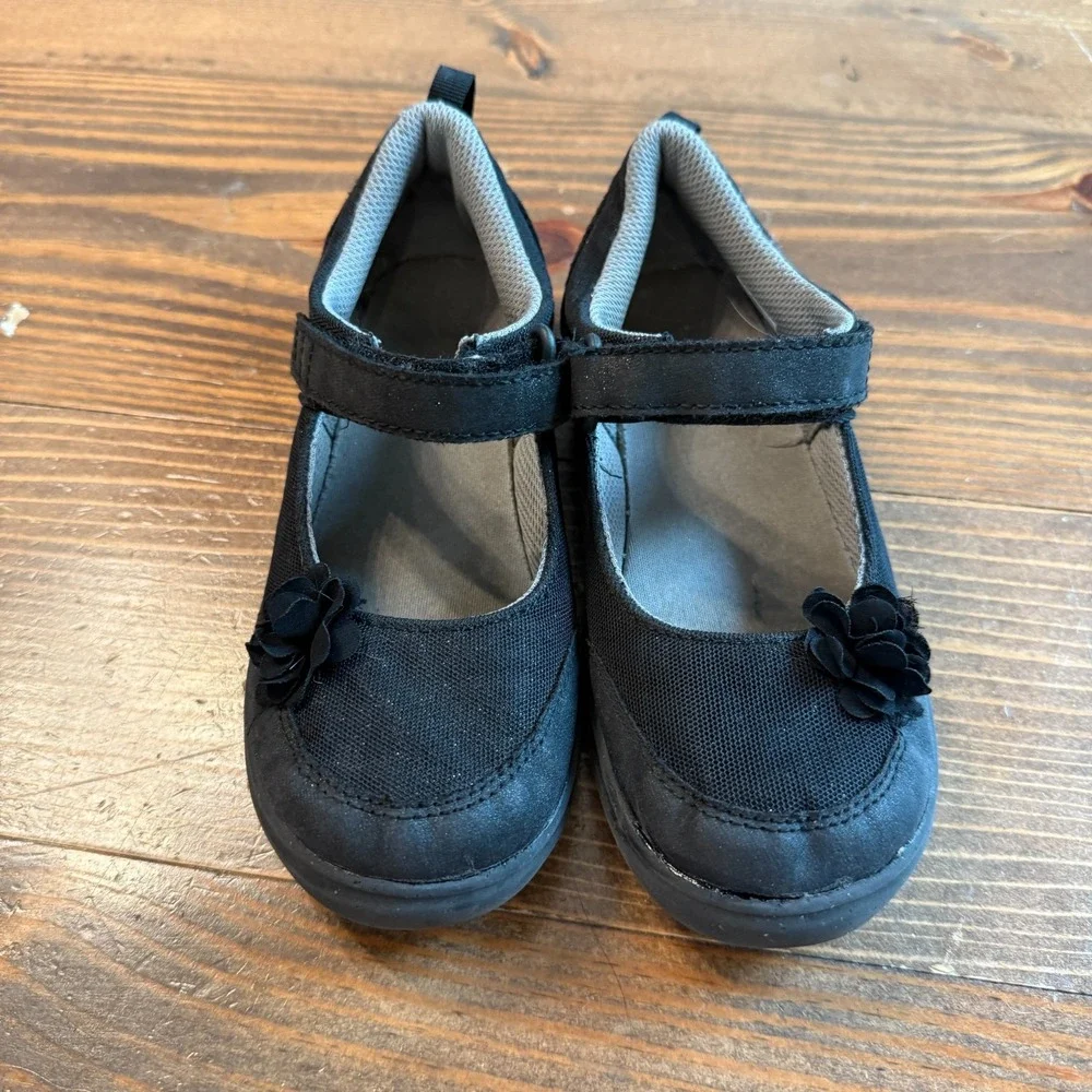 Stride Rite‎ Mary Jane Shoes Gemma Girls Size 13 Black Cloth Flower Hook & Loop